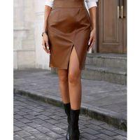 Kadın Yüksek Bel Yırtmaçlı Mini Deri Etek