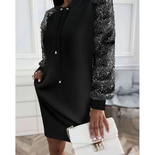 Kadın Uzun Kollu Pulpayetli Bağcıklı Cep Detaylı Mini Viskon Iki Iplik Elbise