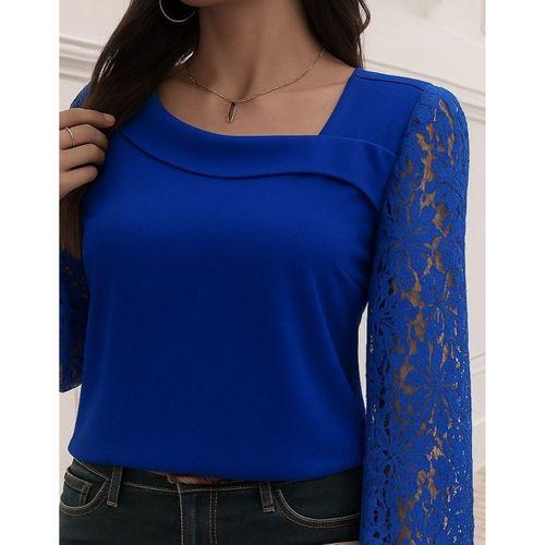 Kadın Uzun Kollu Asimetrik Yakalı Dantelli Ithal Krep Bluz