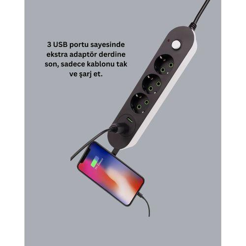 Hızlı Şarj Özellikli 3 Usb Girişli Üçlü Priz