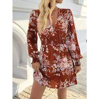 Kadın Uzun Kollu Kruvaze Yakalı çiçek Desenli Mini Süprem Elbise