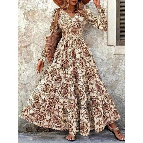 Kadın Uzun Kollu V Yakalı Desenli Süprem Elbise