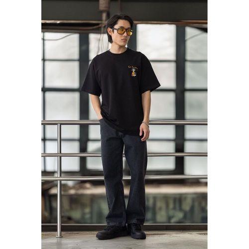 Cep Baskılı İki İplik Kumaş Pamuklu Oversize Erkek T-Shirt - Siyah
