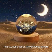 Dekoratif Led Kristal Küre Ahşap Altlıklı Şık Gece Lambası