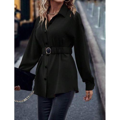 Kadın Uzun Kollu Yakalı önden Düğmeli Belden Kemerli Ithal Krep Bluz