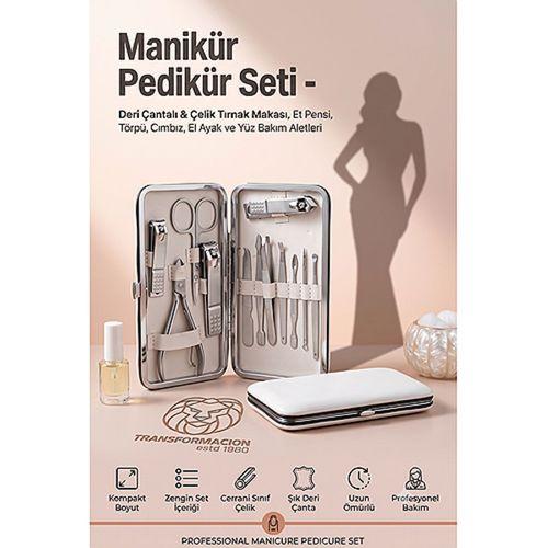 12 Parça Manikür Pedikür Seti - Lüks Deri Çantalı Paslanmaz Çelik Tırnak Makası, Et Pensi, Törpü, Cımbız, El Ayak ve Yüz Bakım Aletleri Seti 723372