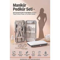 12 Parça Manikür Pedikür Seti - Lüks Deri Çantalı Paslanmaz Çelik Tırnak Makası, Et Pensi, Törpü, Cımbız, El Ayak ve Yüz Bakım Aletleri Seti 723372