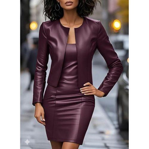 Kadın Uzun Kollu önü Açık Deri Ceket Ve Askılı Yuvarlak Yakalı Mini Elbise Ikili Takım
