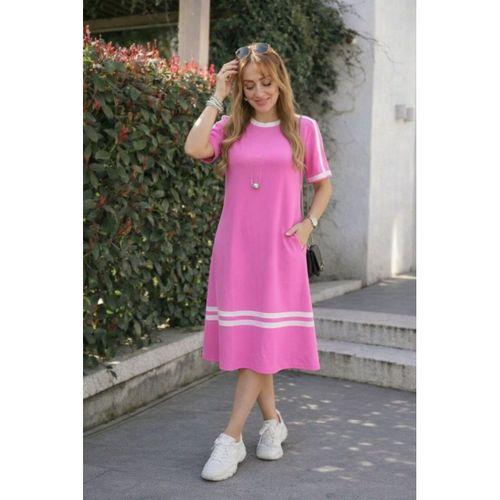 Kadın Kısa Kollu Bisiklet Yaka şerit Detaylı Midi Viskon Elbise