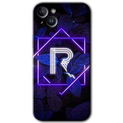 iPhone 14 Kılıf HD Desen Baskılı Arka Kapak - Temperli Cam - Dark Neon Yaprak R Harfi