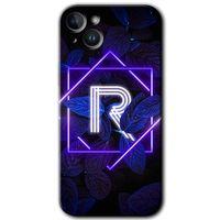 iPhone 14 Kılıf HD Desen Baskılı Arka Kapak - Temperli Cam - Dark Neon Yaprak R Harfi