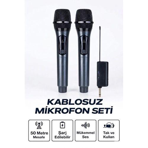 Profesyonel Çiftli Kablosuz Mikrofon Seti Karaoke Şarj Edilebilir 50 Metre