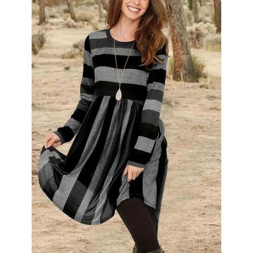 Kadın Uzun Kollu Bisiklet Yaka çizgili Desen Detaylı Süprem Mini Elbise