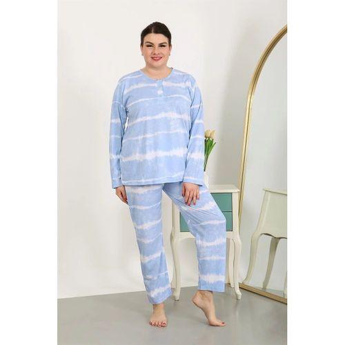 Kadın Büyük Beden Uzun Kol Penye Pijama Takımı Mavi