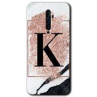 BeRa Aksesuar Oppo Reno 2z Kılıf Baskılı Kapak - Pembe Mermer Desenli K Harfi +Tam Kaplayan Mat Seramik