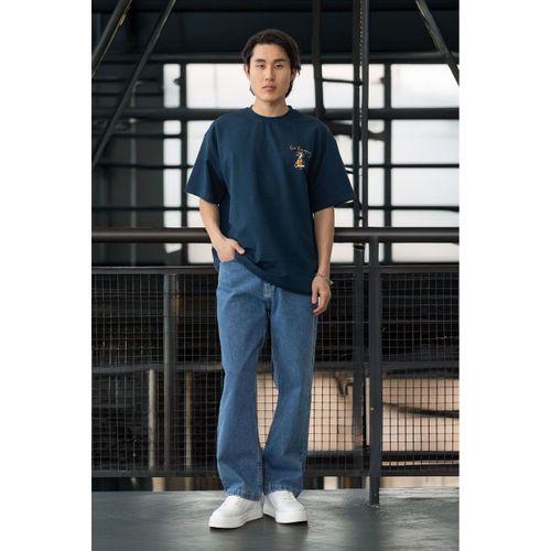Cep Baskılı İki İplik Kumaş Pamuklu Oversize Erkek T-Shirt - Prusya Mavisi