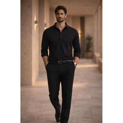 Yarım Pat Yakalı York Pamuk Kumaşlı Uzun Kollu Erkek Gömlek - Siyah