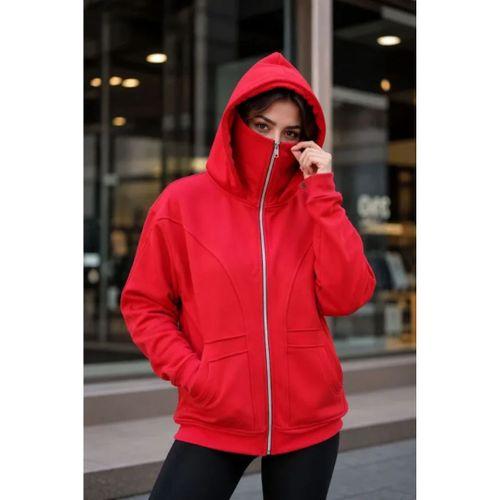 Maskeli Ninja Model Çift Kapüşonlu 3 İplik Şardonlu Fermuarlı Oversize Sweatshirt - Kırmızı