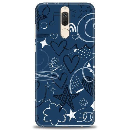 Huawei Mate 10 Lite Kılıf HD Baskılı Kılıf - Notalar ve Kalpler Mavi + Tam Ekran Koruyucu