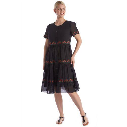 Kısa Kol Siyah Bisiklet Yaka Nakışlı Otantik Vual Kısa Elbise