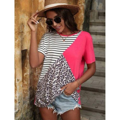 Kadın Süprem Kumaş Leopar Desenli Ve Cizgili Oversize Bluz