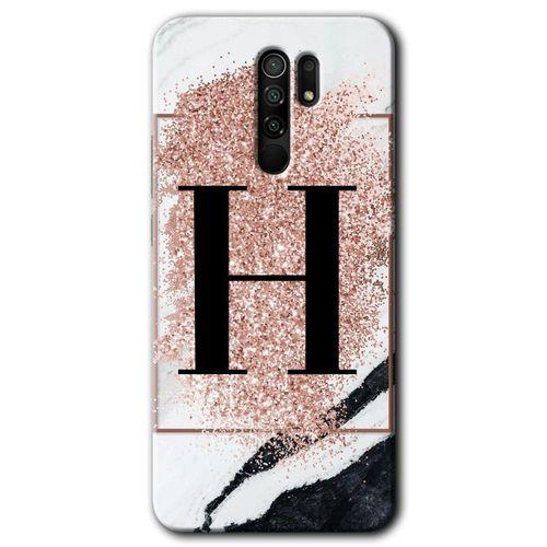 Redmi 9 Kılıf HD Desen Baskılı Arka Kapak - Pembe Mermer Desenli H Harfi + Kırılmaz Cam