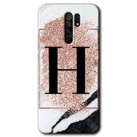 Redmi 9 Kılıf HD Desen Baskılı Arka Kapak - Pembe Mermer Desenli H Harfi + Kırılmaz Cam