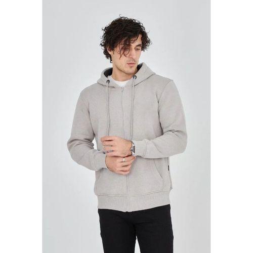 Erkek Kapüşonlu Düz Fermuarlı Hırka - Boyalı Gri