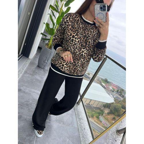 Kadın Uzun Kollu Bisiklet Yaka Leopar Desenli Iki Iplik Bluz Ve Viskon Iki Iplik Pantolon Ikili Takım
