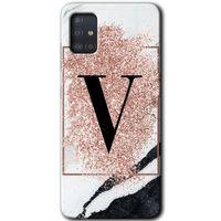 Samsung Galaxy A51 Kılıf HD Desen Baskılı Arka Kapak + Temperli Cam - Pembe Mermer Desenli V Harfi