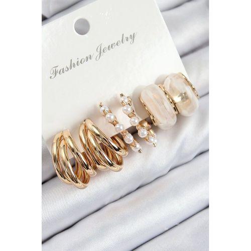 Pirinç İncili Halka Model Gold Renk Kadın Set Küpe