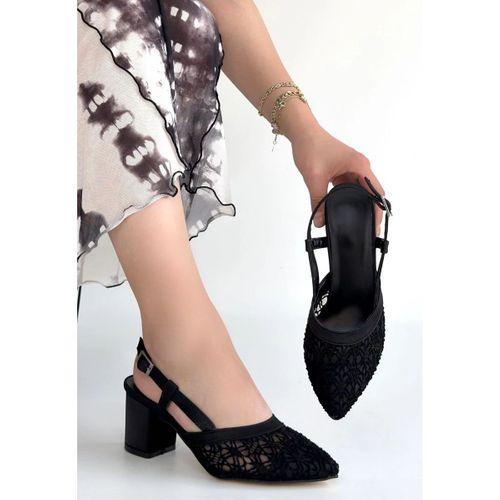 Poje Siyah Saten Tül Detaylı Topuklu Ayakkabı