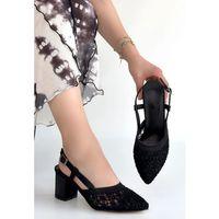 Poje Siyah Saten Tül Detaylı Topuklu Ayakkabı