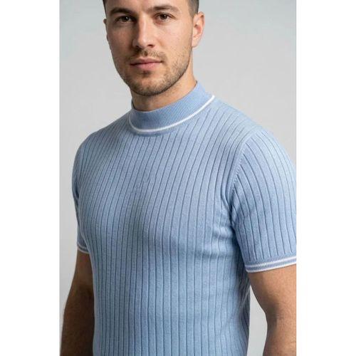 Erkek Fitilli Triko Dokuma Kısa Kol Tişört Yarım Boğaz Modern Yazlık T-Shirt - Bebe Mavisi