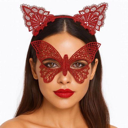 Eğitici Çocuk Gösterişli Kırmızı Dantel Maske ve Taç Seti 7 No – Masquerade ve Davetler için