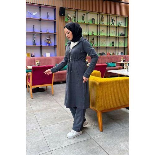 Kapşonlu Belden Bağlamalı Fermuarlı Sade Basic Uzun Tunik ve Pantolon İkili Spor Takım - 03065.017 - Antrasit