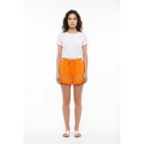 Beli Lastikli Cunda Çift Cepli Yazlık Nakışlı Müslin Mini Şort Turuncu Trnc