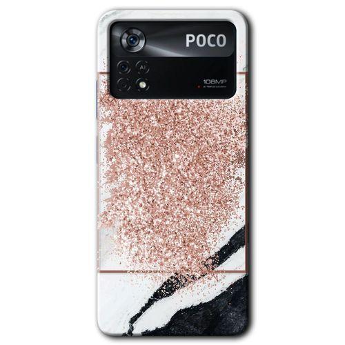 MRCİLETİSİM Poco x4 Pro Kılıf HD Desen Baskılı Arka Kapak + Temperli Cam - Simli Mermer