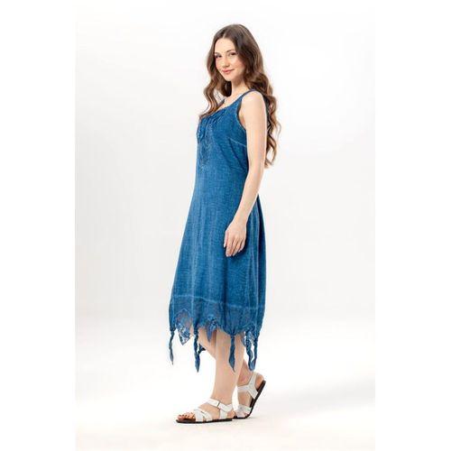 Kolsuz Gece Yuvarlak Yaka Otantik Poplin Midi Boy Elbise İndigo indg