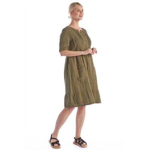 Kısa Kol Haki Kare Yaka Cep Detaylı Midi Boy Müslin Yazlık Elbise