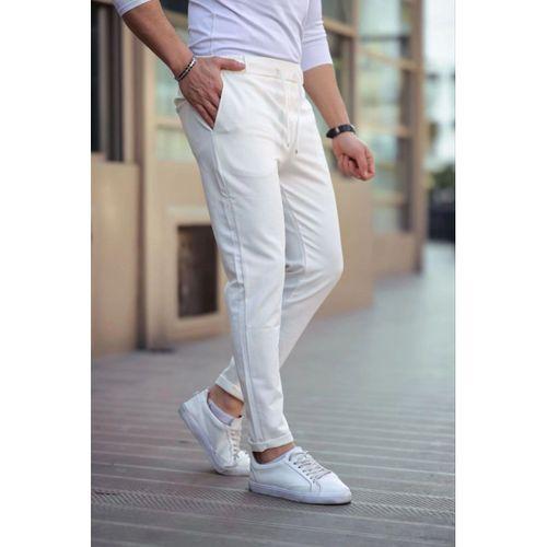 Erkek Diagonel Mikro Dokulu Cepli Beli Lastilki Pantolon - Beyaz