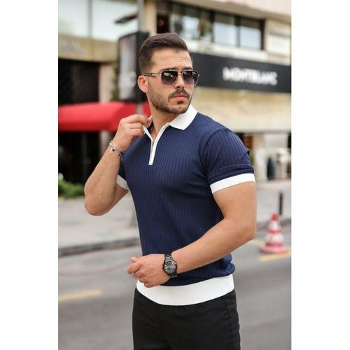 Erkek Yaka Ve Kol Detaylı Fermuar Yakalı Çizgi Desen Kısa Kollu Triko Tişört