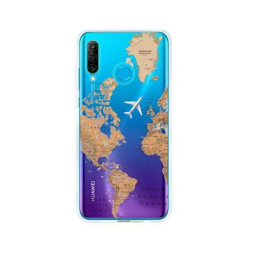 Huawei P30 Lite Dünya Harita Desenli Premium Şeffaf Silikon Kılıf