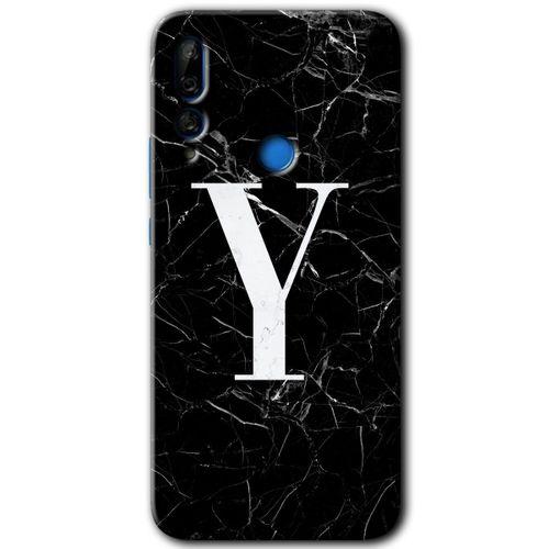 Huawei Y9 Prime 2019 Kılıf HD Desen Baskılı Arka Kapak + Temperli Cam - Siyah Mermer Desenli Y Harfi