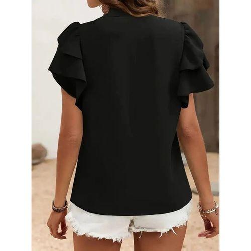 Kadın Kısa Kollu V Hakim Yaka Kolları Fırfırlı Dubai Bluz