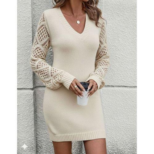 Kadın Uzun Kollu V Yakalı Mini Triko Elbise
