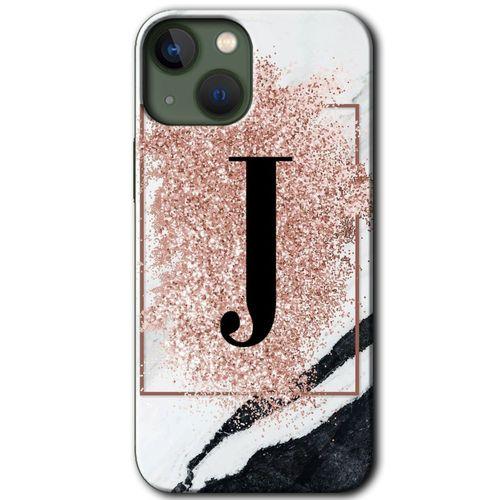 BeRa Aksesuar iPhone 13 Kılıf Baskılı Kapak - Pembe Mermer Desenli J Harfi +Tam Kaplayan Mat Seramik