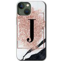 BeRa Aksesuar iPhone 13 Kılıf Baskılı Kapak - Pembe Mermer Desenli J Harfi +Tam Kaplayan Mat Seramik