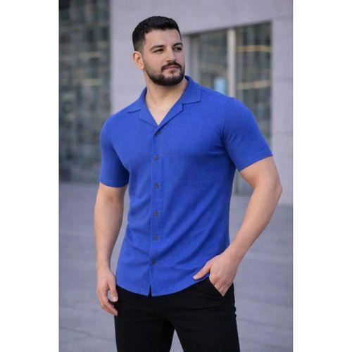 Erkek Waffle Kumaş Kısa Kollu Düğmeli Açık Yaka Regular Fit Gömlek - Saks Mavisi