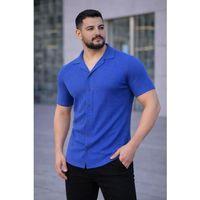 Erkek Waffle Kumaş Kısa Kollu Düğmeli Açık Yaka Regular Fit Gömlek - Saks Mavisi